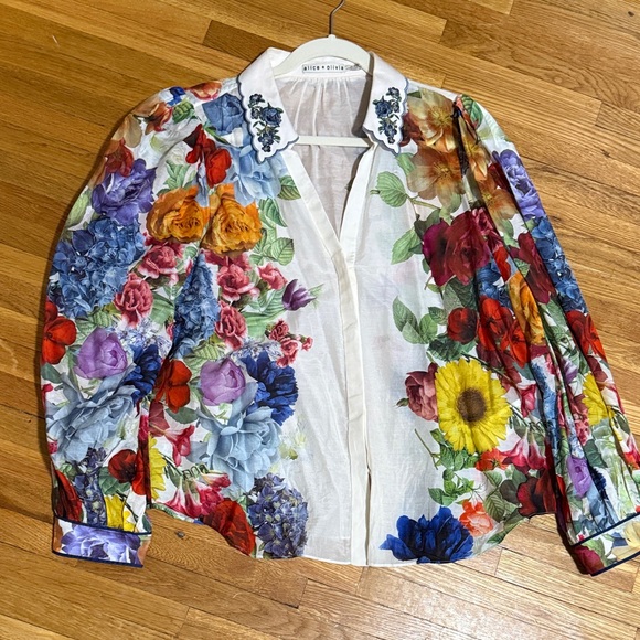 Alice + Olivia Multicolor Floral Blouse with White Collar - Picture 3 of 3